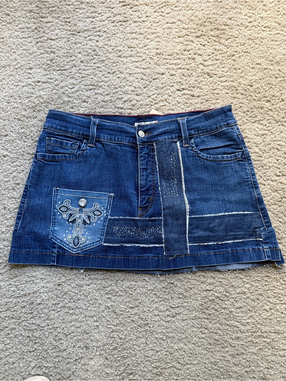 Upcycled Levi’s Denim Mini Skirt Rhinestone Cross Boho One of a Kind Y2K Size 12 - Picture 7 of 14